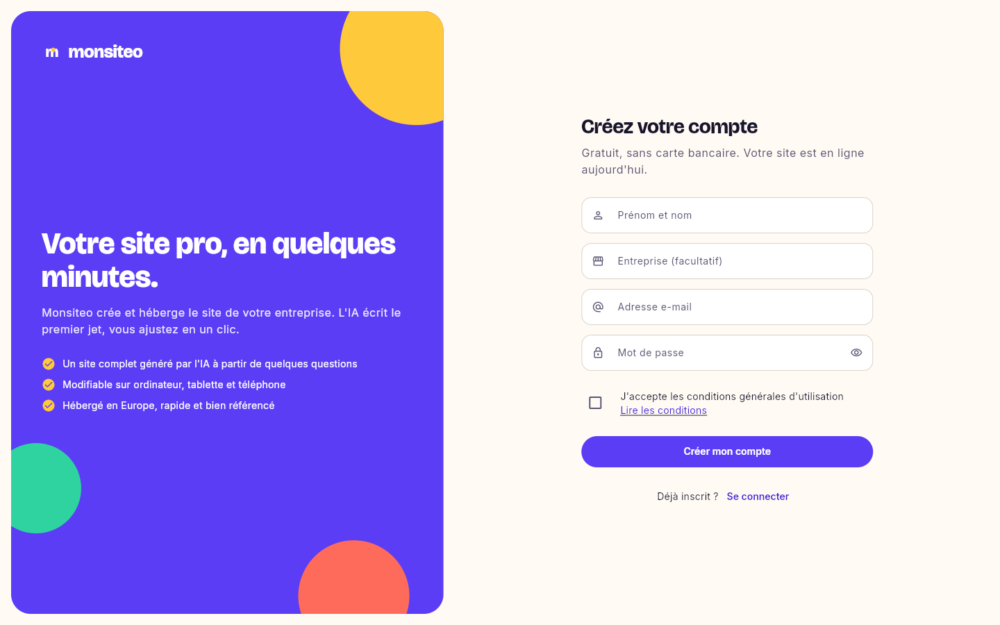 Le formulaire d'inscription de l'éditeur Monsiteo.