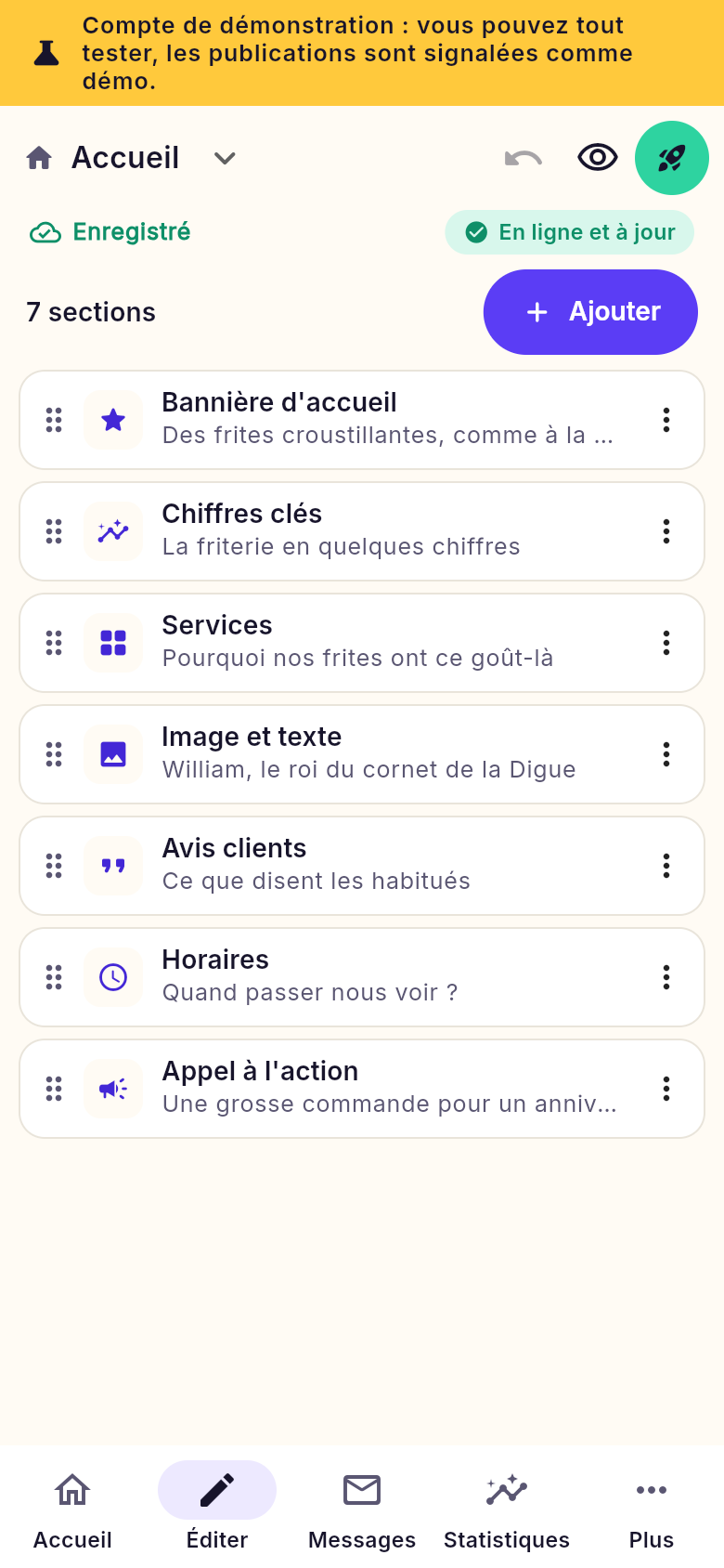 L'éditeur sur téléphone : la liste des sections et l'aperçu.