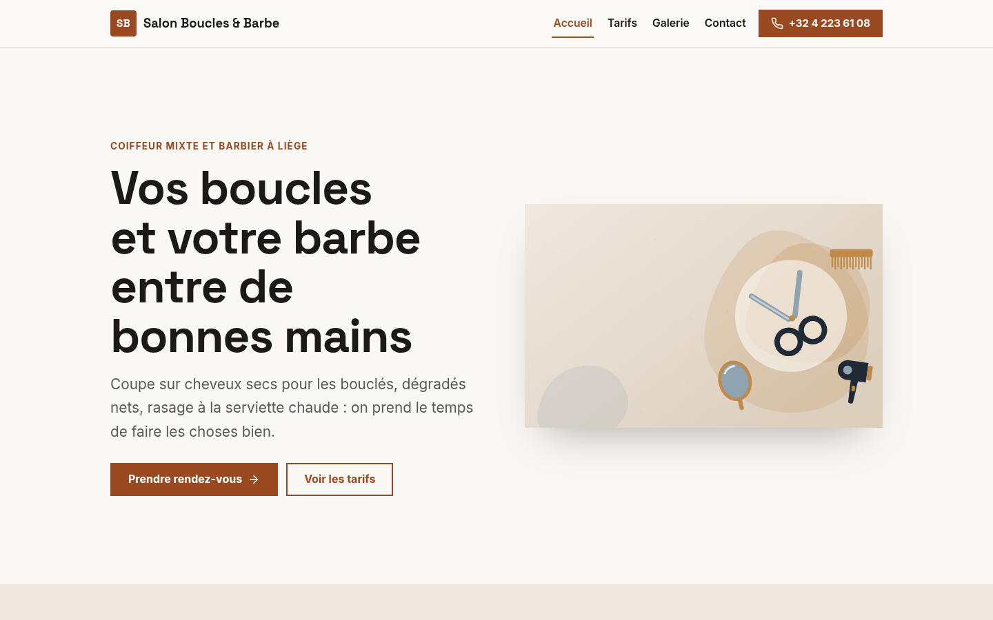 Salon Boucles & Barbe : prise de rendez-vous mise en avant dès la bannière.