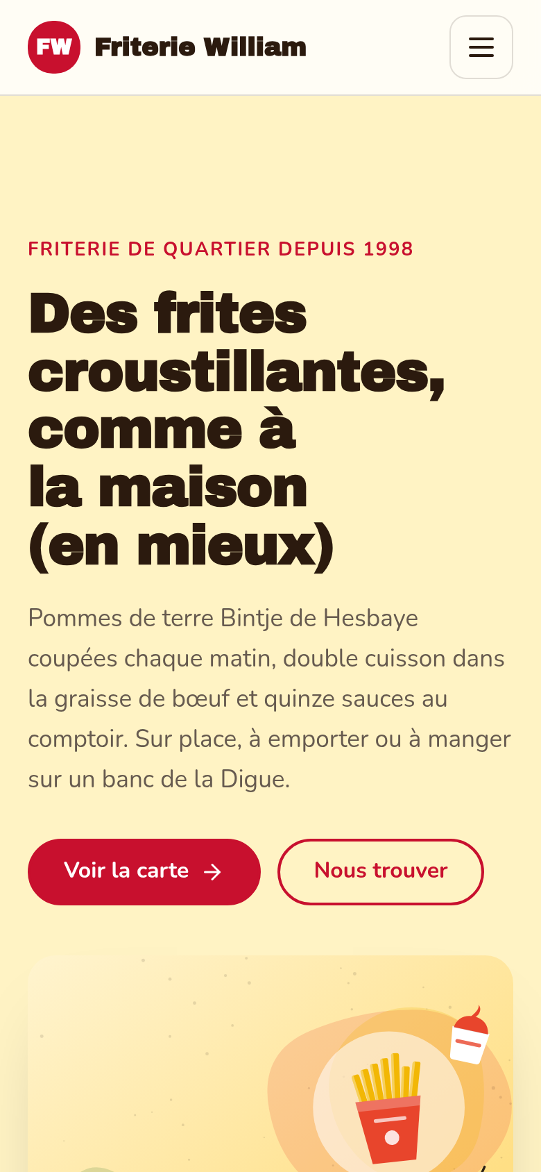 La friterie sur un téléphone : menu compact et boutons faciles à toucher.