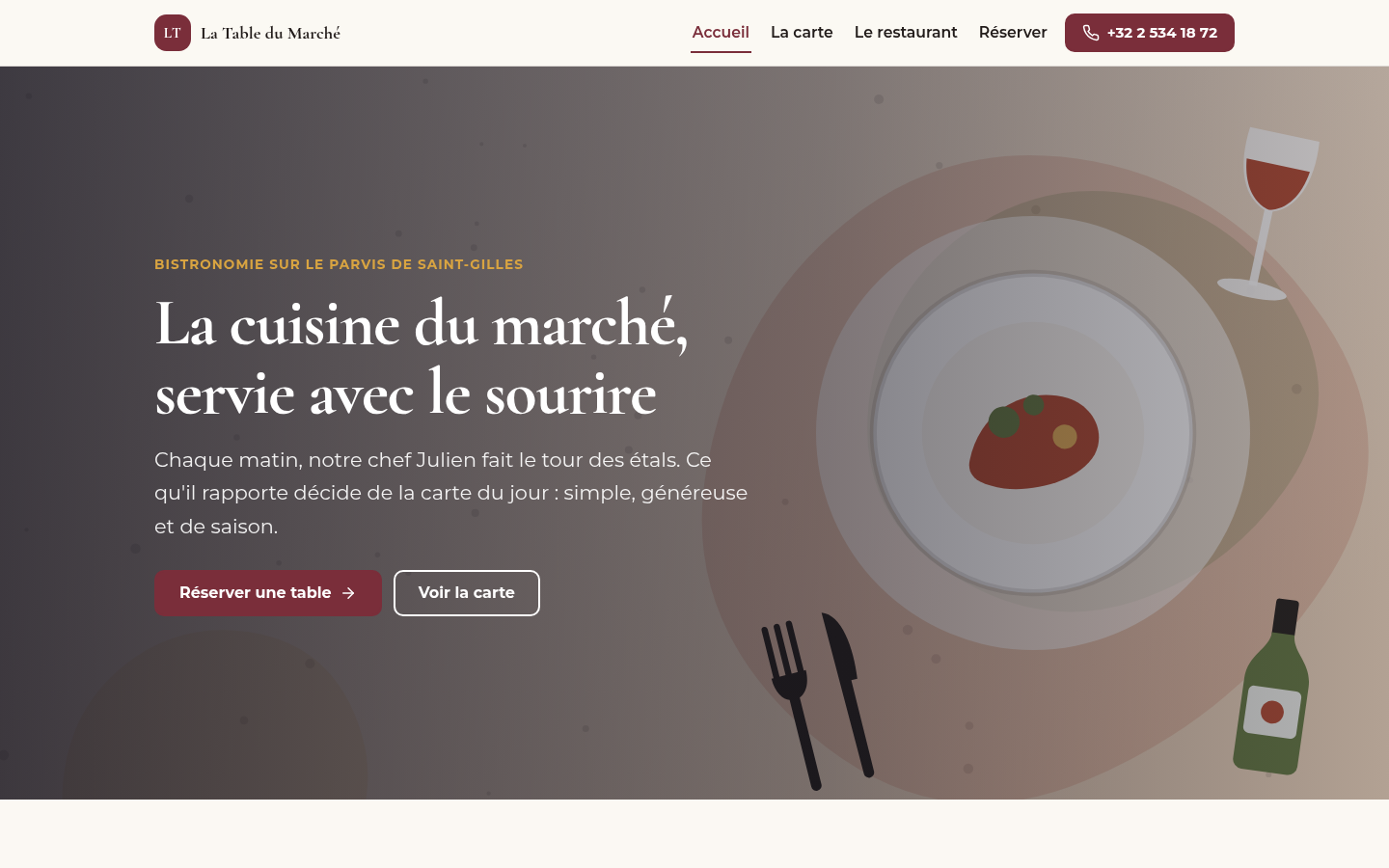La Table du Marché : une bannière photo plein fond pour un restaurant.