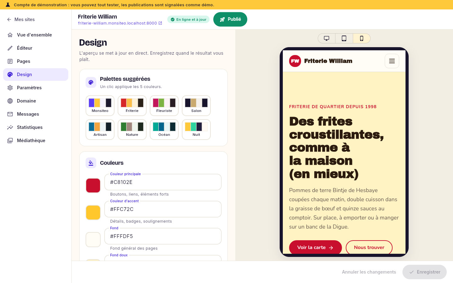 La rubrique Design : couleurs, polices, arrondis et boutons.