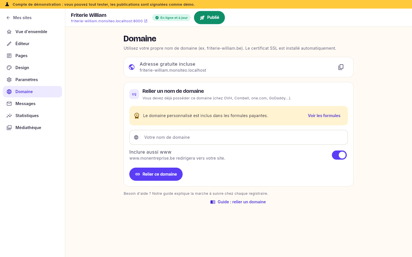 L'écran Domaine : les enregistrements à poser chez votre registrar et leur état.