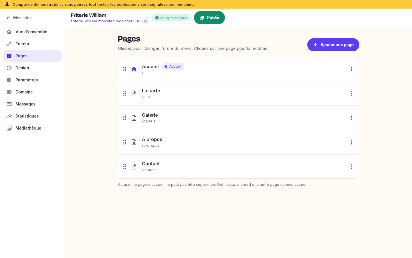 La rubrique Pages : la liste des pages du site.