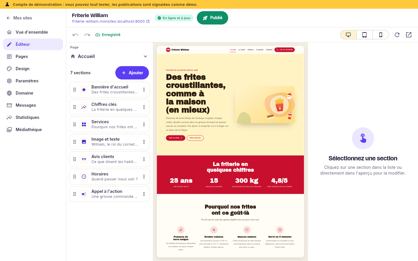 L'éditeur : la liste des sections, l'aperçu en direct et le panneau de réglages.