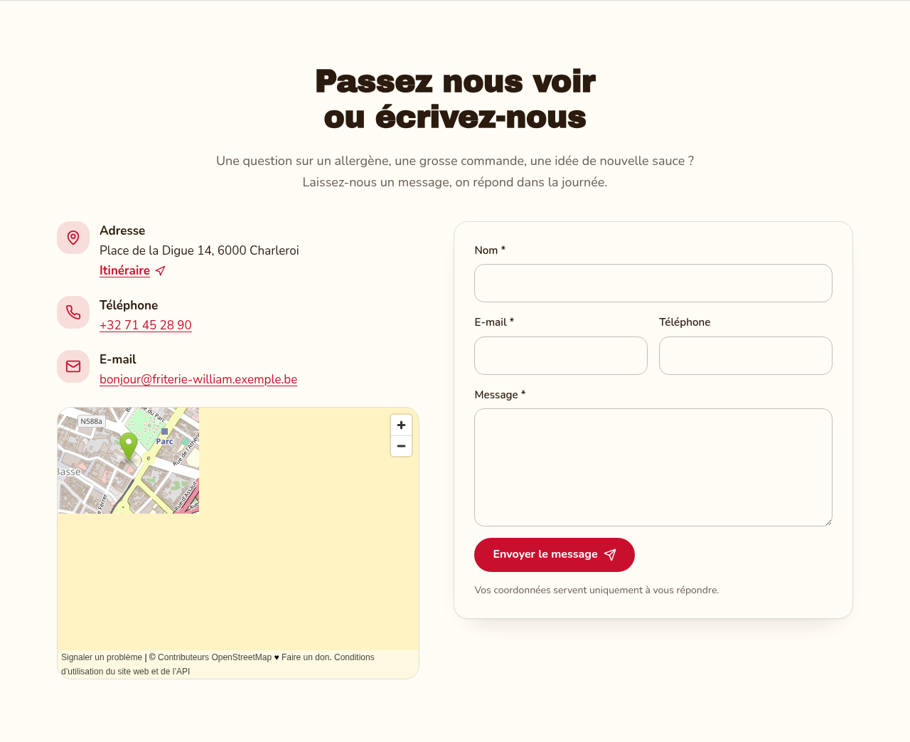 Une section Contact avec le formulaire à gauche et les coordonnées à droite.