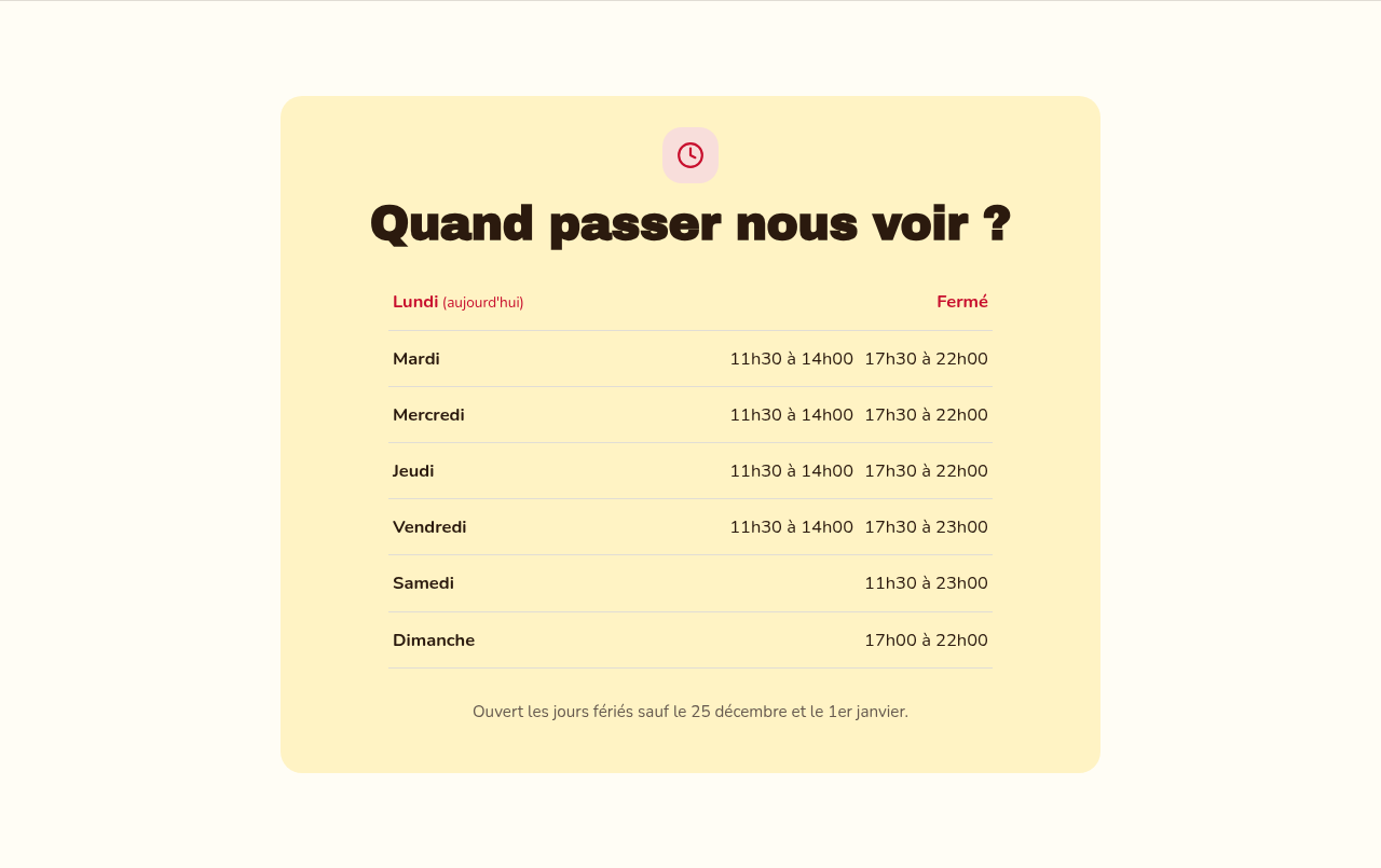 Les horaires de la semaine présentés en tableau.