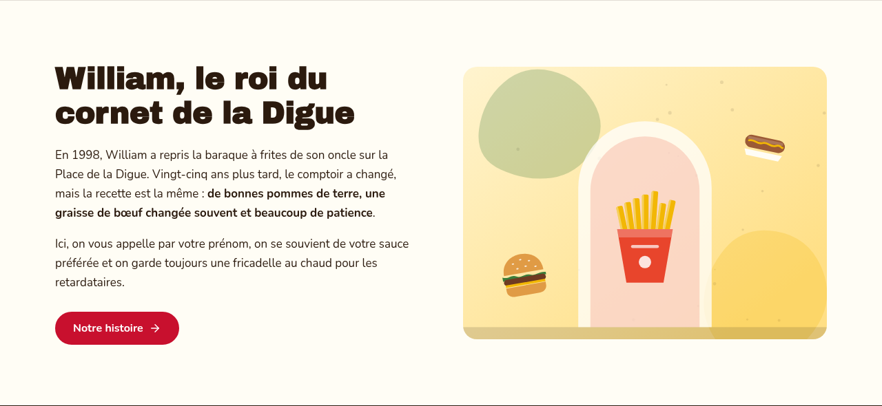Une photo à gauche et le texte de présentation à droite.