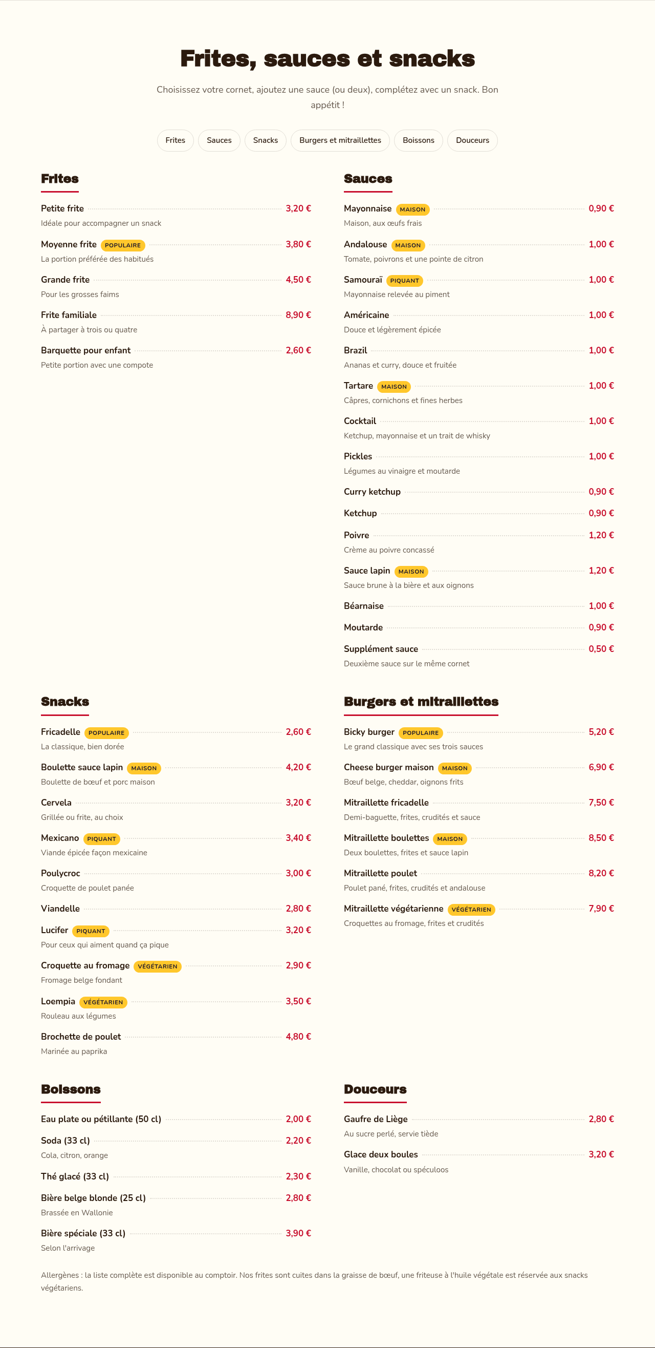 Une carte de friterie organisée par catégories avec les prix.