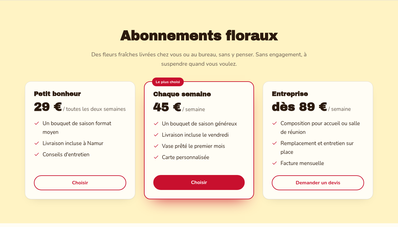 Trois offres présentées en cartes, celle du milieu mise en avant.