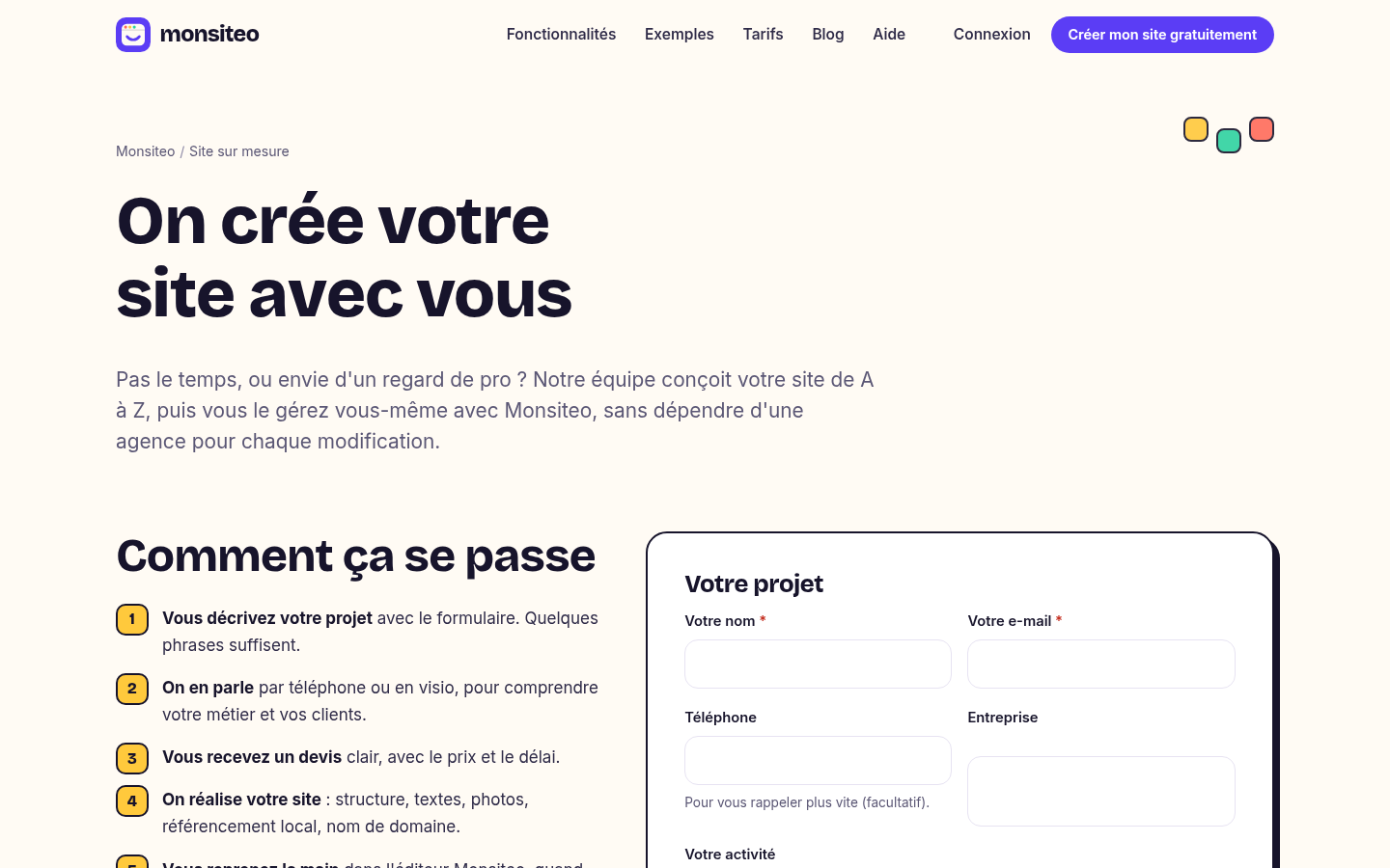 Le formulaire de demande sur monsiteo.com/sur-mesure.