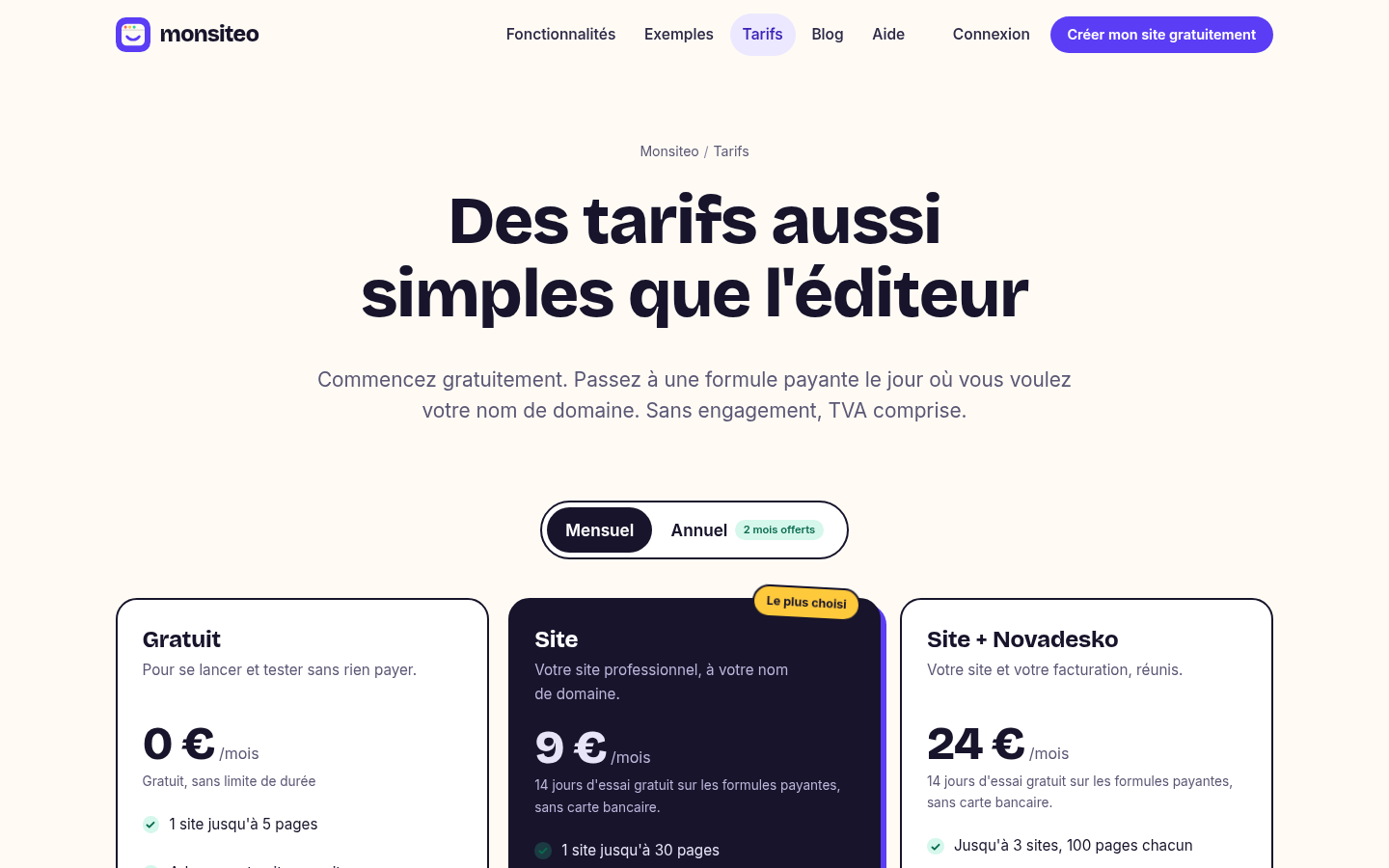 La page des tarifs sur monsiteo.com.